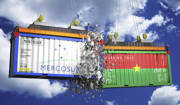 Crashing cargo containers with flags of Mercosur and Burkina Faso - 3D illustration