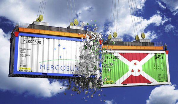 Crashing cargo containers with flags of Mercosur and Burundi - 3D illustration