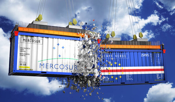Crashing cargo containers with flags of Mercosur and Cape Verde - 3D illustration