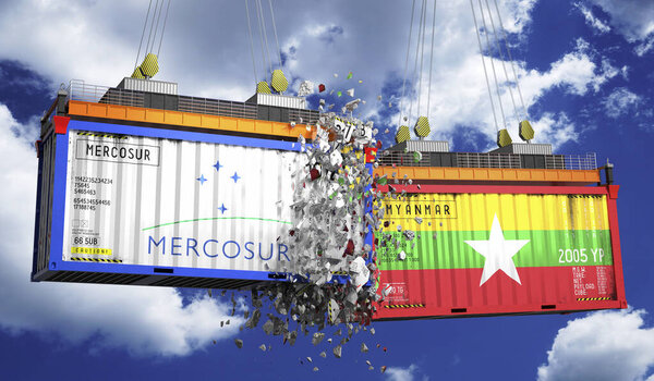 Crashing cargo containers with flags of Mercosur and Myanmar - 3D illustration
