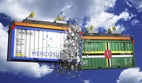 Crashing cargo containers with flags of Mercosur and Dominica - 3D illustration