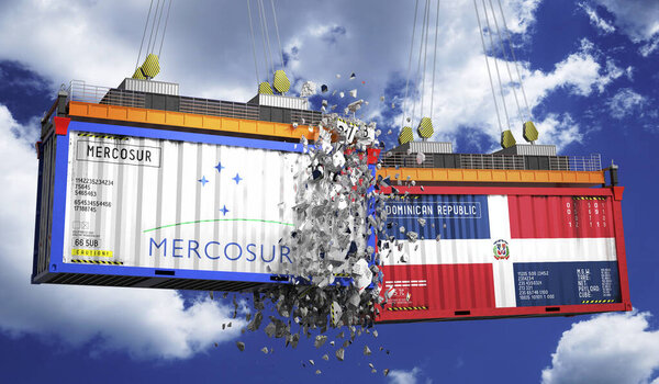 Crashing cargo containers with flags of Mercosur and Dominican Republic - 3D illustration
