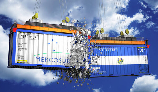 Crashing cargo containers with flags of Mercosur and El Salvador - 3D illustration