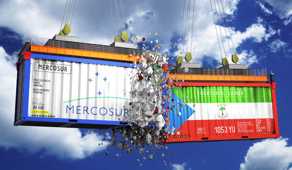 Crashing cargo containers with flags of Mercosur and Equatorial Guinea - 3D illustration