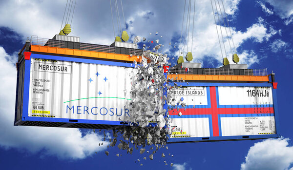Crashing cargo containers with flags of Mercosur and Faroe Islands - 3D illustration