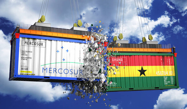 Crashing cargo containers with flags of Mercosur and Ghana - 3D illustration
