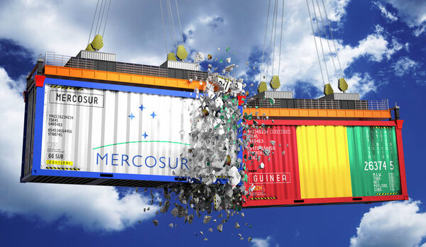 Crashing cargo containers with flags of Mercosur and Guinea - 3D illustration