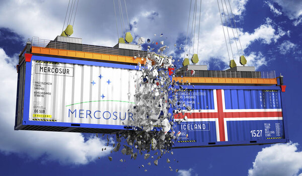 Crashing cargo containers with flags of Mercosur and Iceland - 3D illustration
