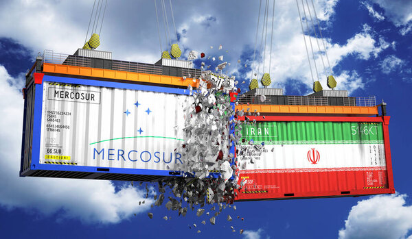 Crashing cargo containers with flags of Mercosur and Iran - 3D illustration