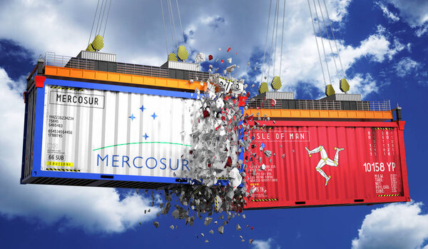 Crashing cargo containers with flags of Mercosur and Isle of Man - 3D illustration