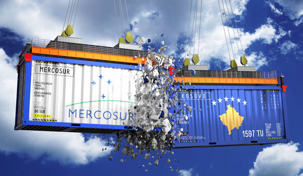 Crashing cargo containers with flags of Mercosur and Kosovo - 3D illustration