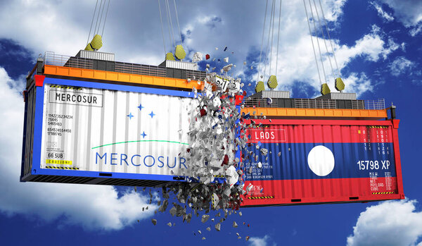 Crashing cargo containers with flags of Mercosur and Laos - 3D illustration