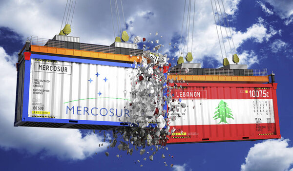 Crashing cargo containers with flags of Mercosur and Lebanon - 3D illustration