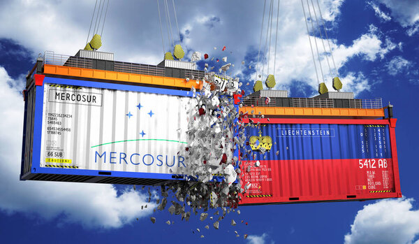 Crashing cargo containers with flags of Mercosur and Liechtenstein - 3D illustration