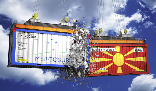 Crashing cargo containers with flags of Mercosur and North Macedonia - 3D illustration