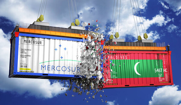 Crashing cargo containers with flags of Mercosur and Maldives - 3D illustration
