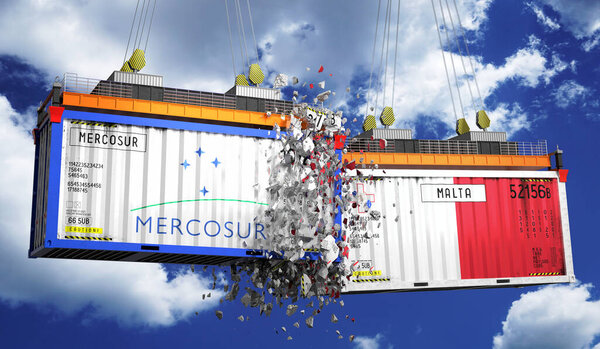 Crashing cargo containers with flags of Mercosur and Malta - 3D illustration