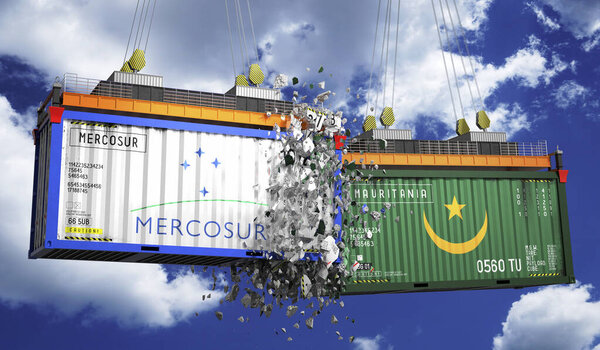 Crashing cargo containers with flags of Mercosur and Mauritania - 3D illustration