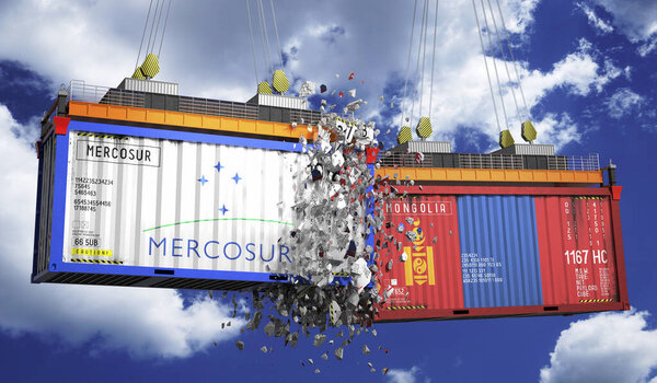 Crashing cargo containers with flags of Mercosur and Mongolia - 3D illustration