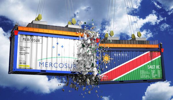 Crashing cargo containers with flags of Mercosur and Namibia - 3D illustration