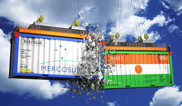 Crashing cargo containers with flags of Mercosur and Niger - 3D illustration