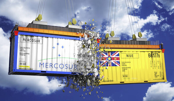 Crashing cargo containers with flags of Mercosur and Niue - 3D illustration