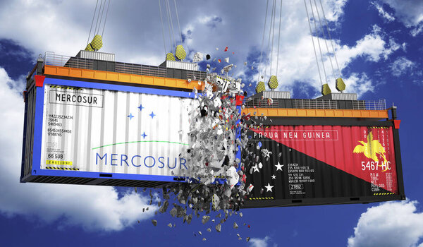 Crashing cargo containers with flags of Mercosur and Papua New Guinea - 3D illustration