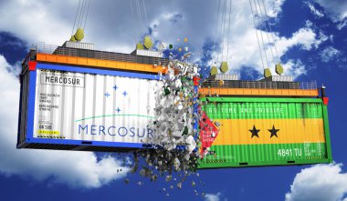 Crashing cargo containers with flags of Mercosur and Sao Tome and Principe - 3D illustration