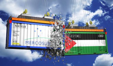 Crashing cargo containers with flags of Mercosur and Palestine - 3D illustration