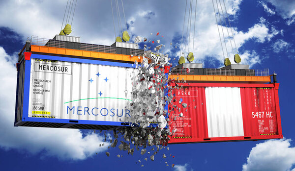 Crashing cargo containers with flags of Mercosur and Peru - 3D illustration