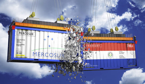 Crashing cargo containers with flags of Mercosur and Paraguay - 3D illustration