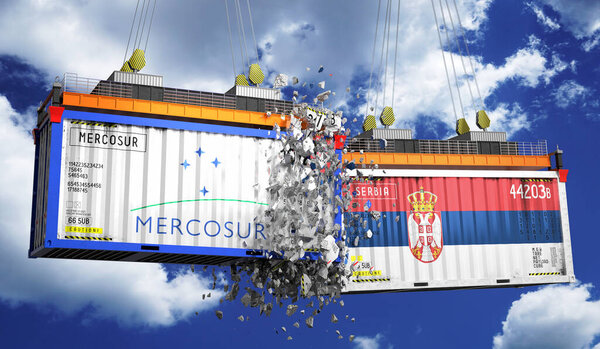 Crashing cargo containers with flags of Mercosur and Serbia - 3D illustration