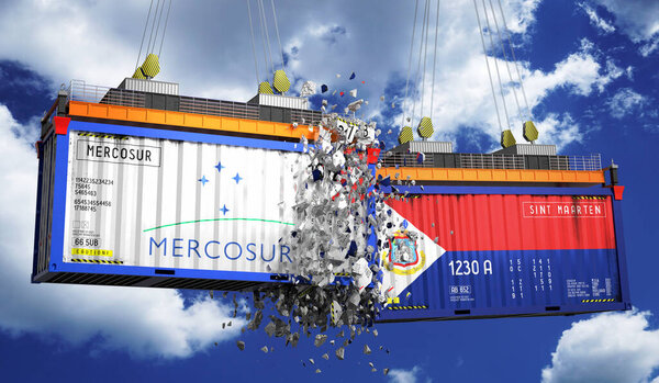 Crashing cargo containers with flags of Mercosur and Sint Maarten - 3D illustration