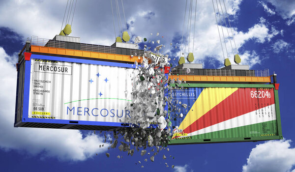 Crashing cargo containers with flags of Mercosur and Seychelles - 3D illustration