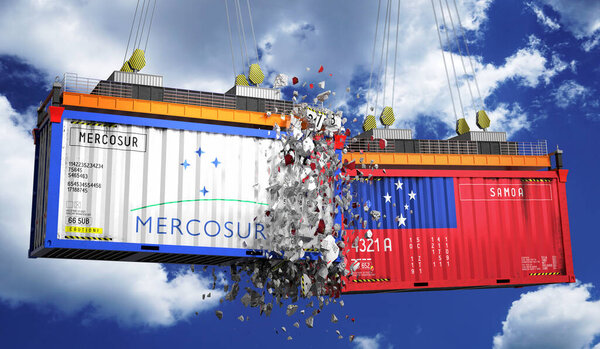 Crashing cargo containers with flags of Mercosur and Samoa - 3D illustration