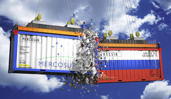 Crashing cargo containers with flags of Mercosur and Russia - 3D illustration