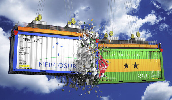 Crashing cargo containers with flags of Mercosur and Sao Tome and Principe - 3D illustration