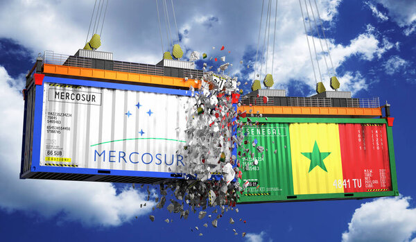 Crashing cargo containers with flags of Mercosur and Senegal - 3D illustration