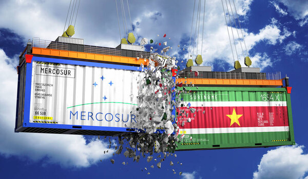Crashing cargo containers with flags of Mercosur and Suriname - 3D illustration