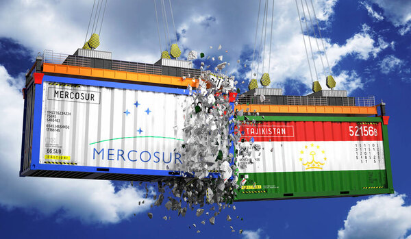Crashing cargo containers with flags of Mercosur and Tajikistan - 3D illustration