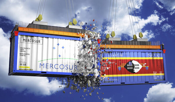 Crashing cargo containers with flags of Mercosur and Eswatini - 3D illustration