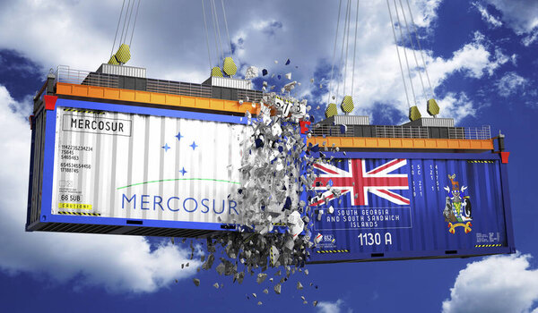 Crashing cargo containers with flags of Mercosur and South Georgia and South Sandwich Islands - 3D illustration