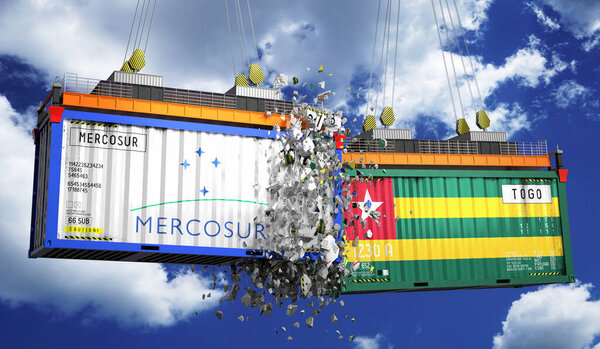 Crashing cargo containers with flags of Mercosur and Togo - 3D illustration