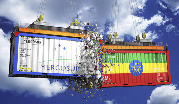 Crashing cargo containers with flags of Mercosur and Ethiopia - 3D illustration