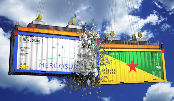 Crashing cargo containers with flags of Mercosur and French Guiana - 3D illustration
