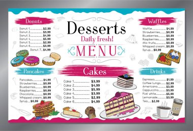 Pembe ve mavi tatlı menüsü kartı - tabloid biçimi - vektör illüstrasyonu