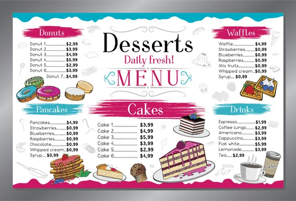 Pembe ve mavi tatlı menüsü kartı - tabloid biçimi - vektör illüstrasyonu