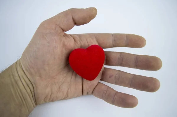 Heart in the male palm on a white background, there is free space to fill the text