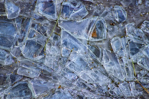 Shards of broken glass on the ground.
