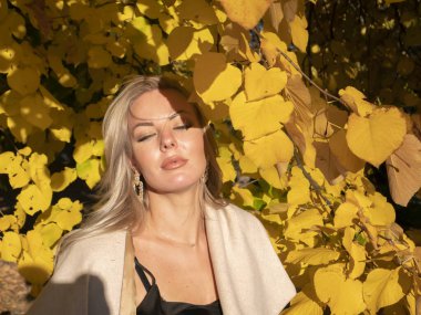 Sarı sonbahar yeşilliklerinin arka planında sarışın bir kız..